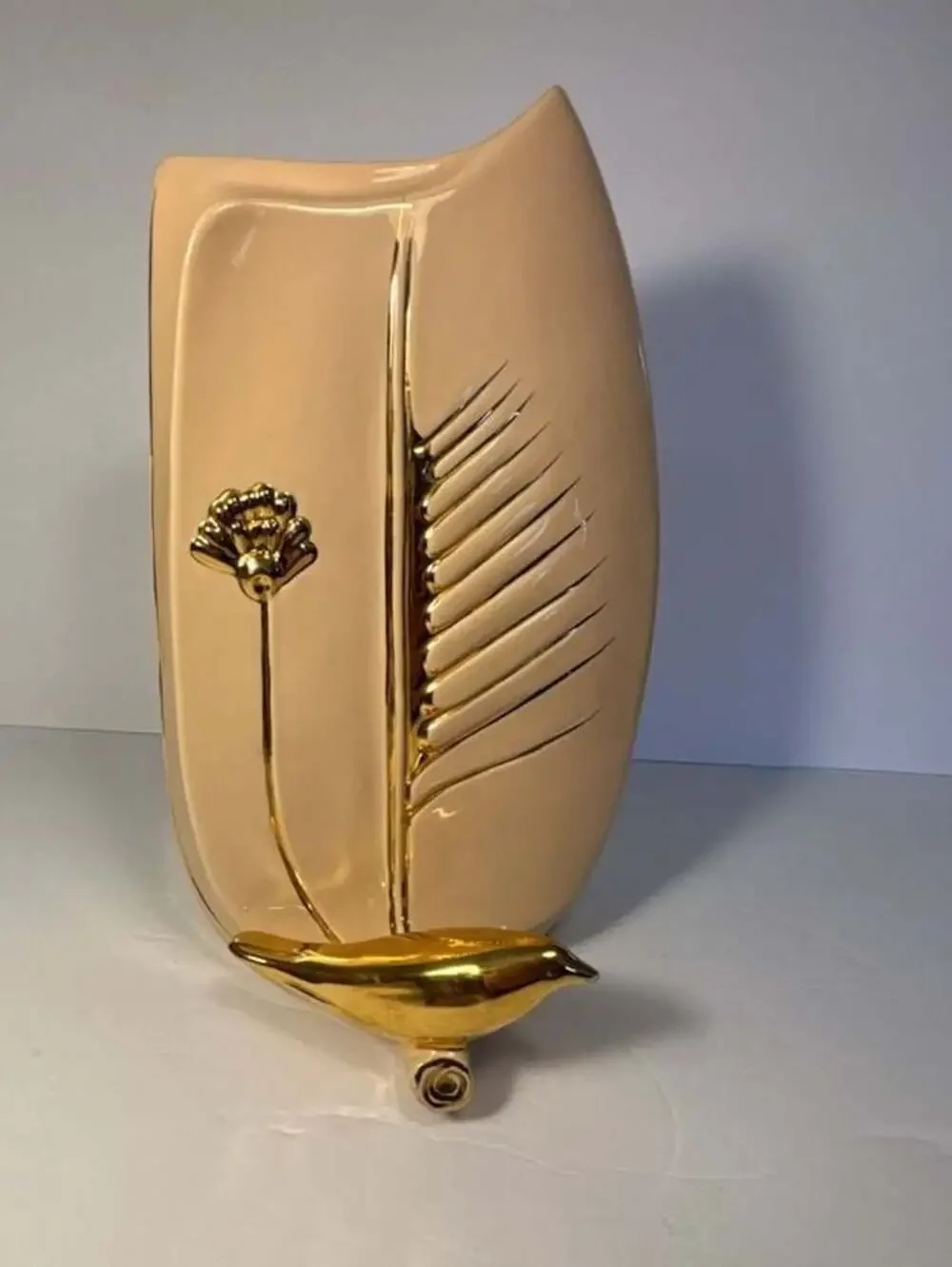 Vintage Mid-Century Modern Pink Ceramic Wall Pocket Vase with Gold Trim
